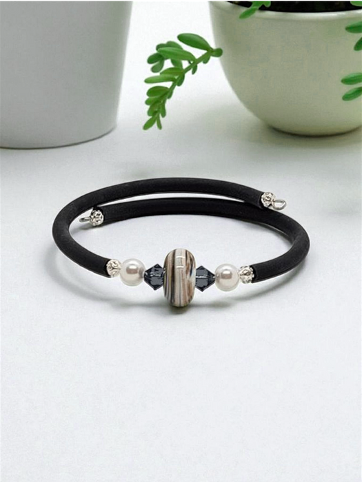 Yellow, blue & pearl Artisan Glass Memory Wire Bracelet