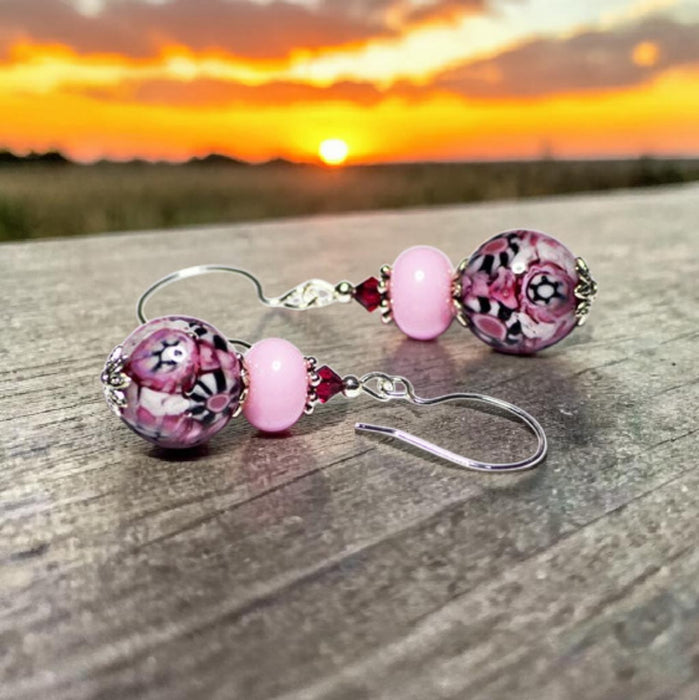 Pink Artisan Glass Earrings with embedded Murrine