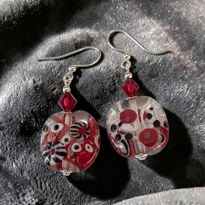 Artisan Glass Red Squoval Shaped Earrings with Murrine
