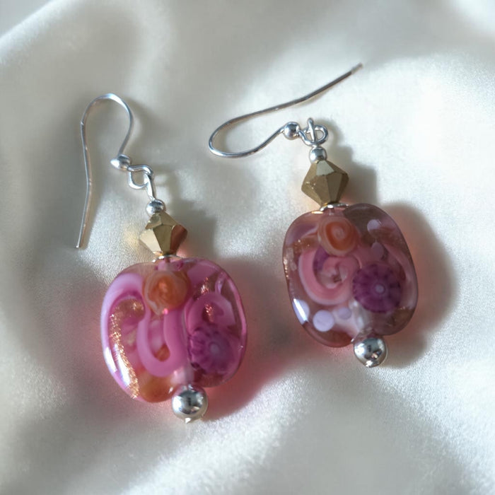 Artisan Glass Pink/Gold Squoval Shaped Earrings with Murrine