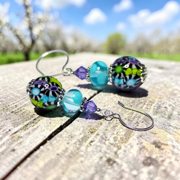 Blue, Purple & Green Artisan Glass Earrings with embedded Murrine