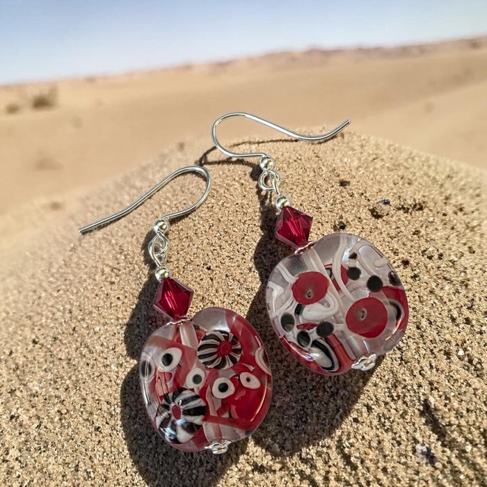 Artisan Glass Red Squoval Shaped Earrings with Murrine