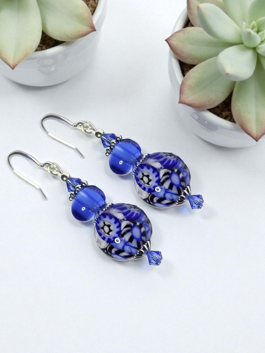 Royal Blue Artisan Glass Earrings with embedded Murrine