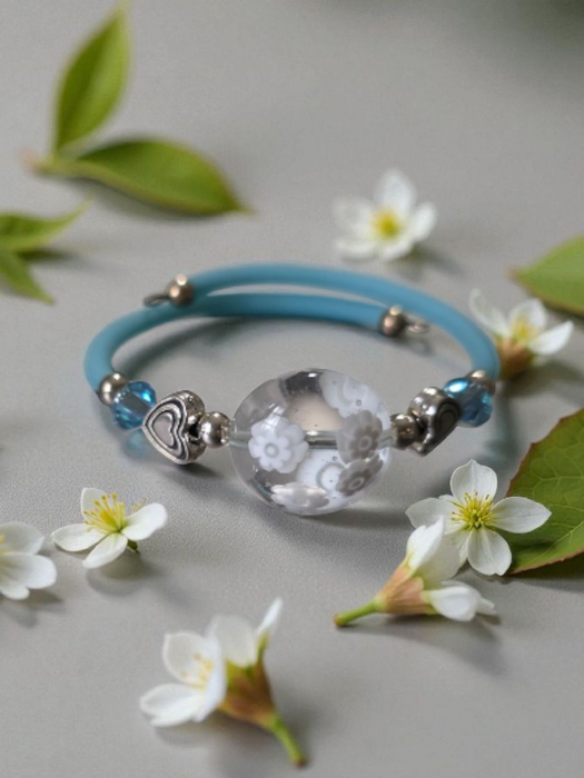 Sky Blue & Clear Murano Glass Memory Wire Bracelet (Slim Wrist)
