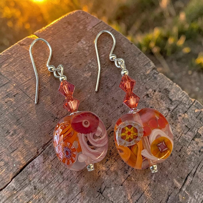 Artisan Glass Pink/Orange Squoval Shaped Earrings with Murrine