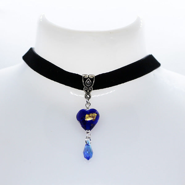 Royal Blue Murano Glass heart with blue crystal drop on black velveteen choker