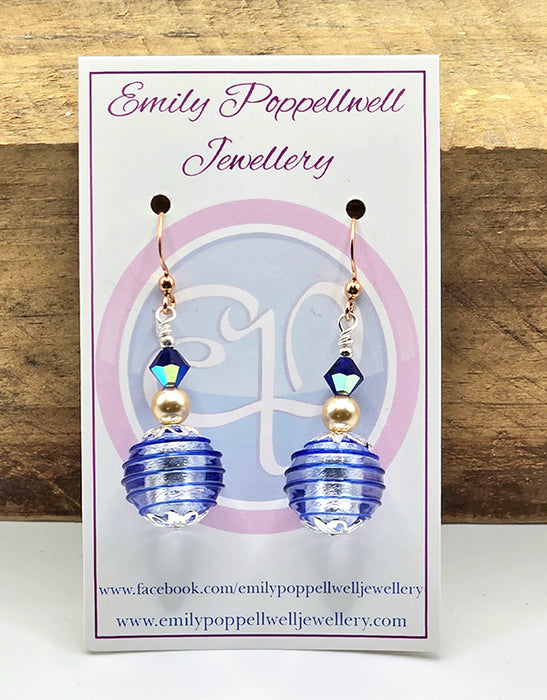Royal Blue Ribbed Murano Glass Earrings with copper enamel hooks