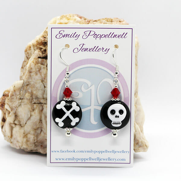 Mismatched Halloween black & white skull and cross bones, red crystals Artisan Glass earrings