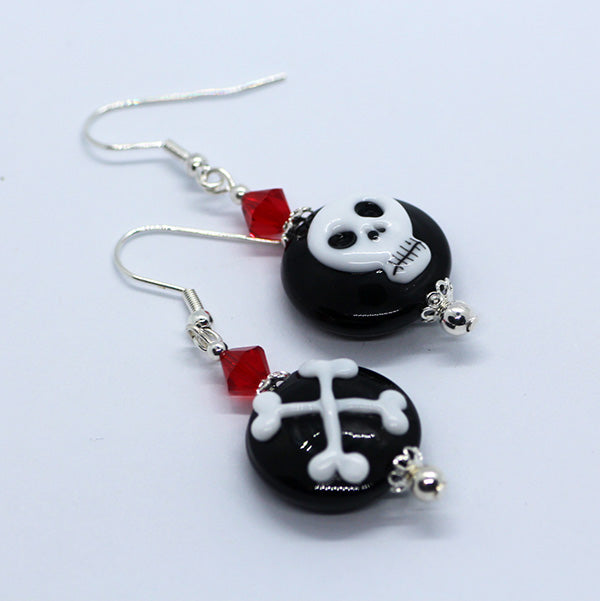 Mismatched Halloween black & white skull and cross bones, red crystals Artisan Glass earrings