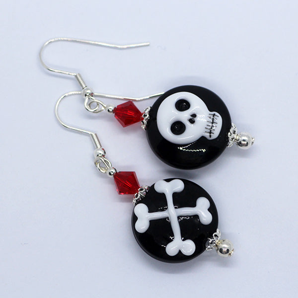 Mismatched Halloween black & white skull and cross bones, red crystals Artisan Glass earrings