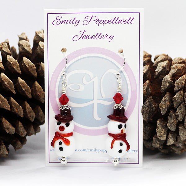 Handmade Christmas Murano Glass white & black lamp work Snowman bead earrings with red crystal beads