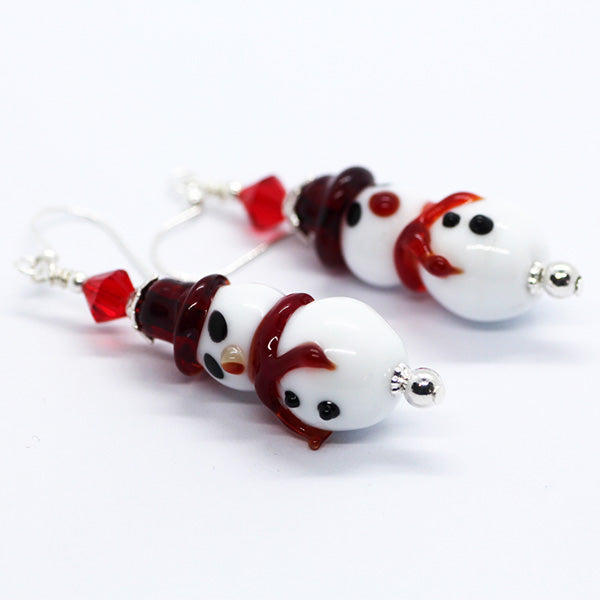 Handmade Christmas Murano Glass white & black lamp work Snowman bead earrings with red crystal beads