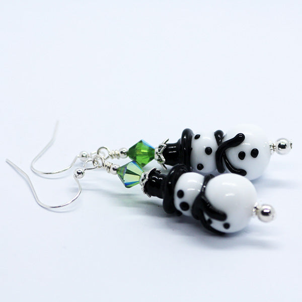 Handmade Christmas Murano Glass white & black lamp work Snowman bead earrings with green crystal beads