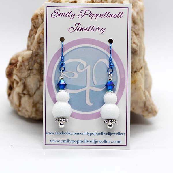 Handmade Christmas Artisan Glass White Snowman earrings with Blue Crystals & Blue Hooks