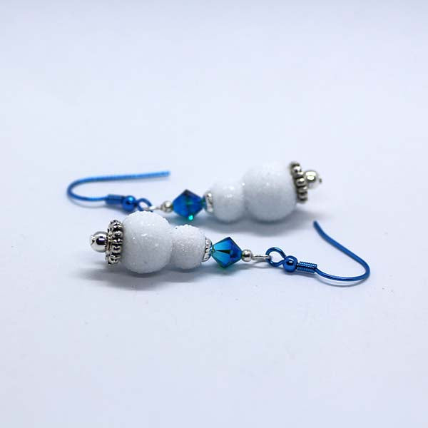 Handmade Christmas Artisan Glass White Snowman earrings with Blue Crystals & Blue Hooks