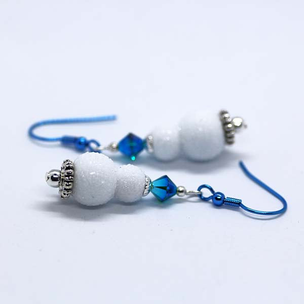 Handmade Christmas Artisan Glass White Snowman earrings with Blue Crystals & Blue Hooks