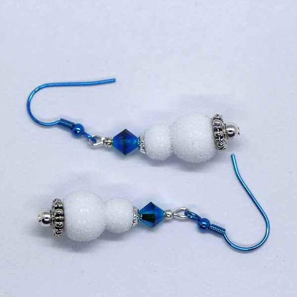 Handmade Christmas Artisan Glass White Snowman earrings with Blue Crystals & Blue Hooks