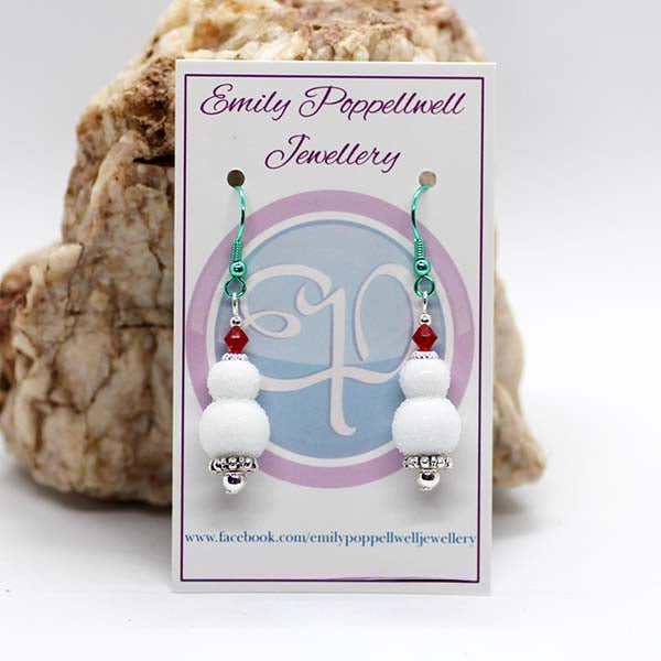 Handmade Christmas Artisan Glass White Snowman earrings with Red Crystals & Green Hooks
