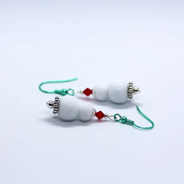 Handmade Christmas Artisan Glass White Snowman earrings with Red Crystals & Green Hooks
