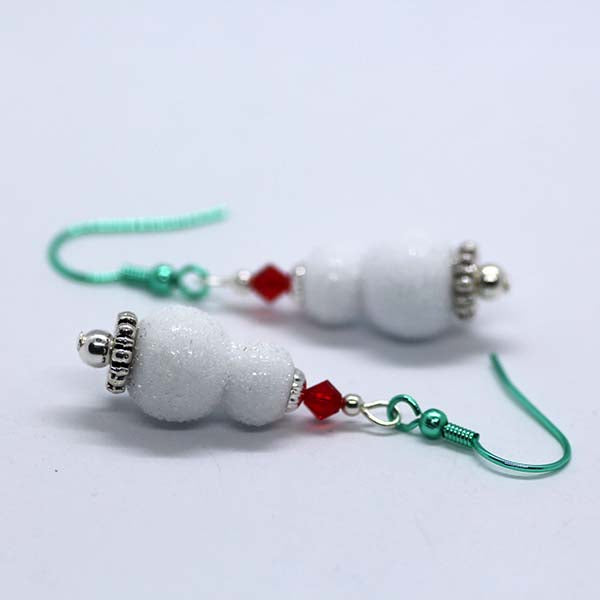 Handmade Christmas Artisan Glass White Snowman earrings with Red Crystals & Green Hooks
