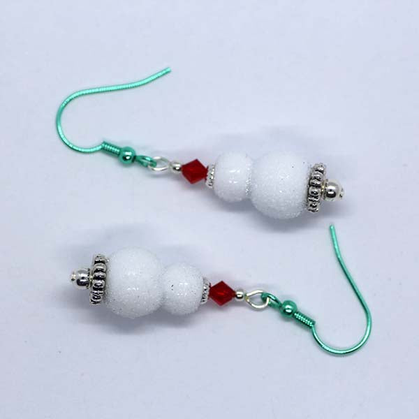 Handmade Christmas Artisan Glass White Snowman earrings with Red Crystals & Green Hooks