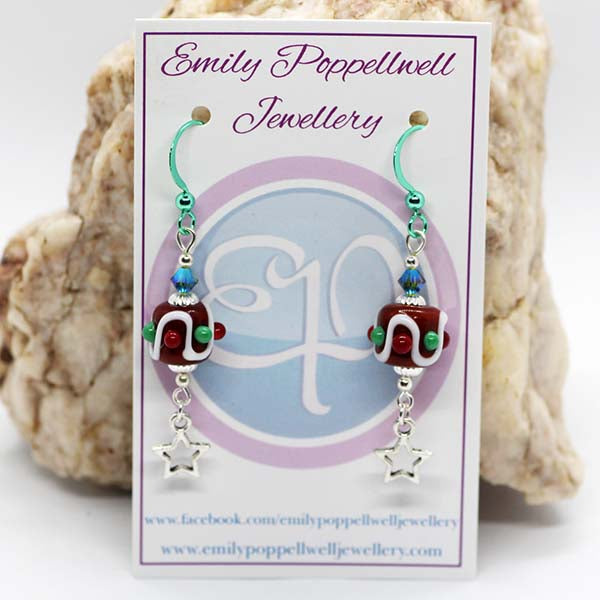 Artisan Glass Brown, Red, Green & White Christmas Pudding Bead Earrings with Green Enamel Hooks