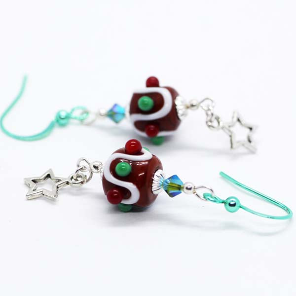 Artisan Glass Brown, Red, Green & White Christmas Pudding Bead Earrings with Green Enamel Hooks
