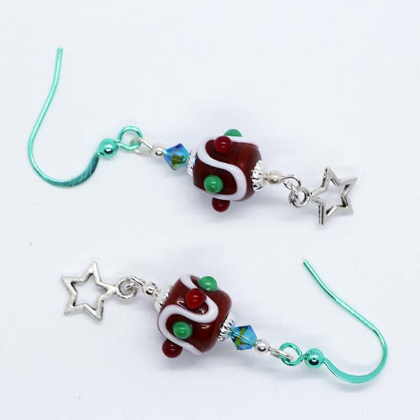 Artisan Glass Brown, Red, Green & White Christmas Pudding Bead Earrings with Green Enamel Hooks